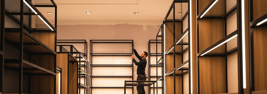 A retail store worker installing modern display shelving during a gradual store refresh renovation