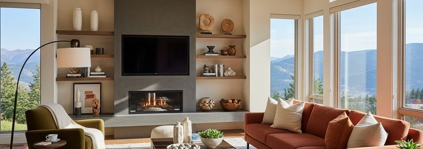 Beautifully furnished vacation rental living room with mountain views, showing premium short-term rental property
