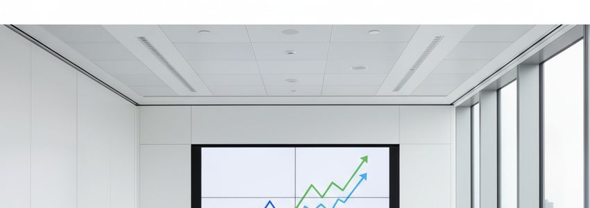 Modern conference room with strategic business growth presentation on screen