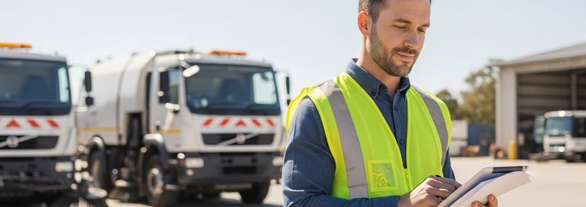 Business owner reviewing street sweeper financing documents at a commercial vehicle depot