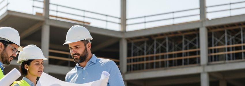 Structural engineers in hard hats reviewing blueprints at a commercial construction site