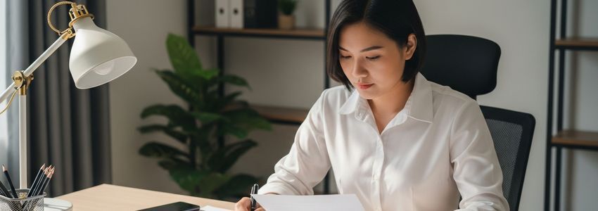 Small business owner reviewing financial statements and loan documents at office desk