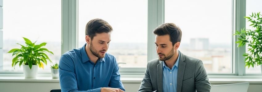 Business loan advisor reviewing financing options with entrepreneur who has student loan debt