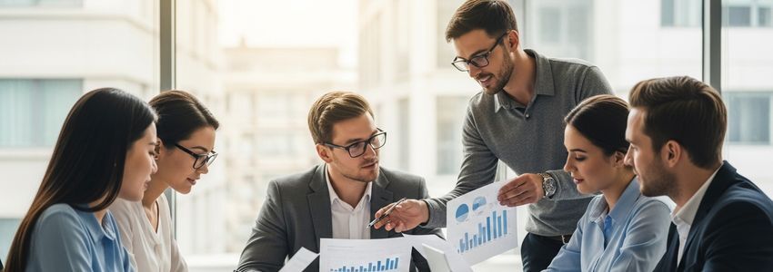 Business professionals reviewing funding options together in a modern office setting
