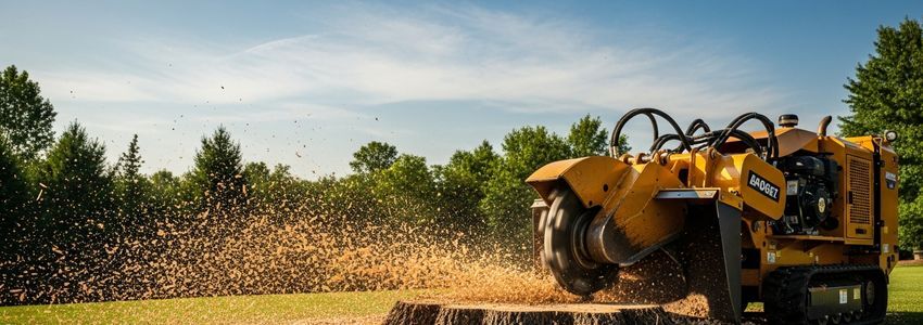 Commercial stump grinder in action grinding tree stump for tree service business