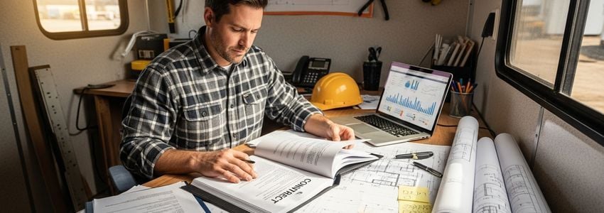 Subcontractor owner reviewing loan documents at a job site office