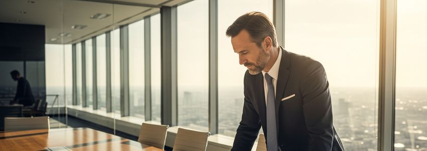 Business professional reviewing loan subordination agreement documents in a modern office