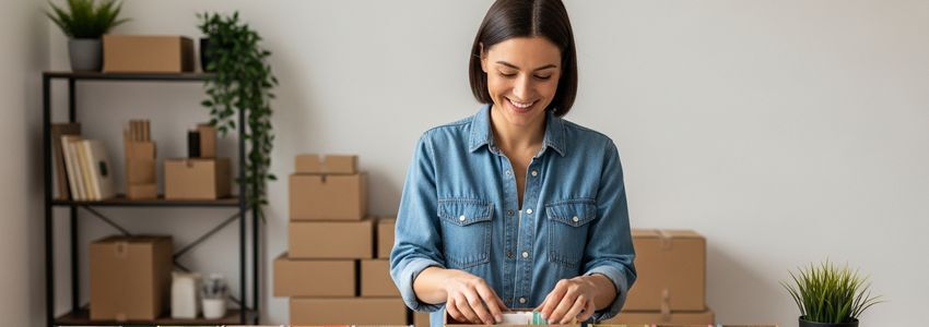 Subscription box business owner packing curated products into branded boxes at a fulfillment station