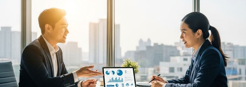 Business advisor and subscription company owner discussing financing options at a conference table