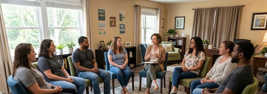 Group therapy session at a substance abuse treatment center