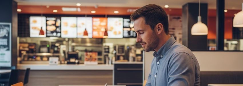 Business owner reviewing Subway franchise loan documents at a restaurant table