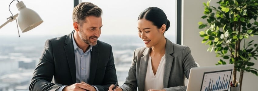 Small business owner in Sugar Land, Texas reviewing business loan options with a financial advisor