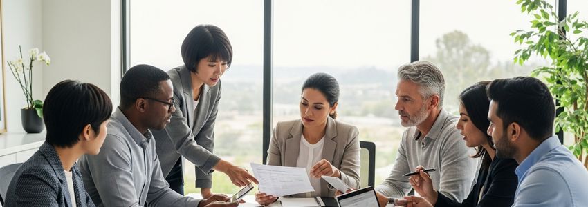 Business owners reviewing small business loan documents at a conference table in Sunnyvale, California