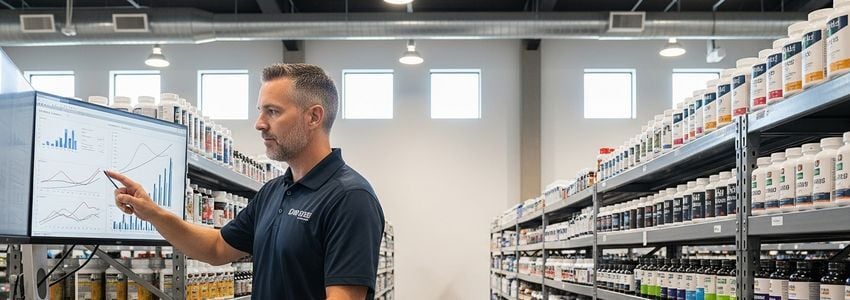 Supplement brand entrepreneur reviewing business growth charts and inventory in a warehouse surrounded by supplement products