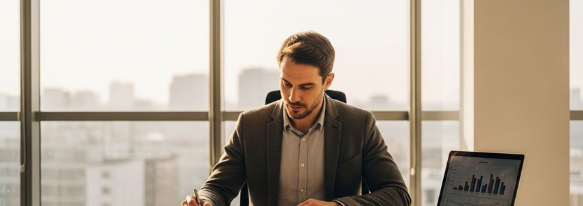 Supplement store business owner reviewing financing options at a professional desk