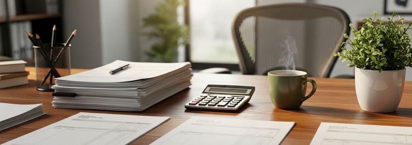 Small business owner reviewing supplier invoice and trade credit terms in a professional office setting