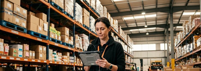 Warehouse operations manager reviewing supplier account records and rising procurement costs on a tablet in a commercial inventory warehouse