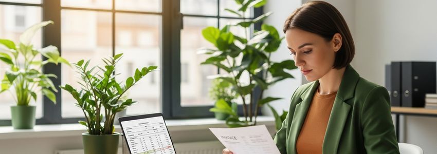 Business owner reviewing supply chain financing documents and invoices in a modern office