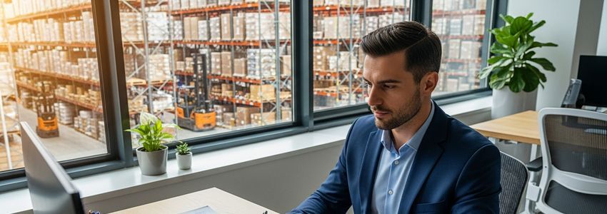 Supply chain manager reviewing procurement and financing documents at a modern business desk