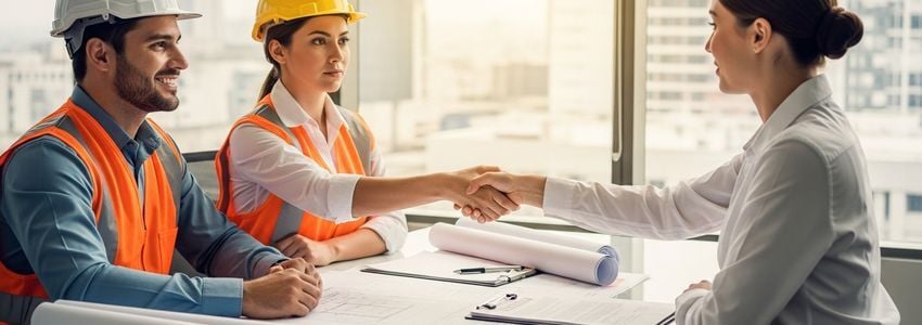 Contractor reviewing surety bond financing documents at construction site office