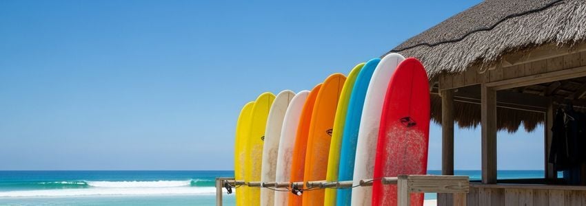 Surf school instructor teaching beginners on the beach how to surf with colorful longboards