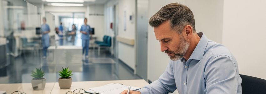 Healthcare professional reviewing surgical equipment financing options at a medical facility