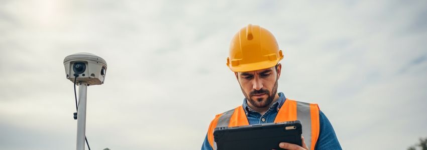 Construction surveyor using GPS and digital survey equipment at a job site