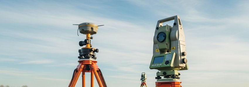 Professional surveying equipment - total station and GPS instruments on tripods at a field survey site