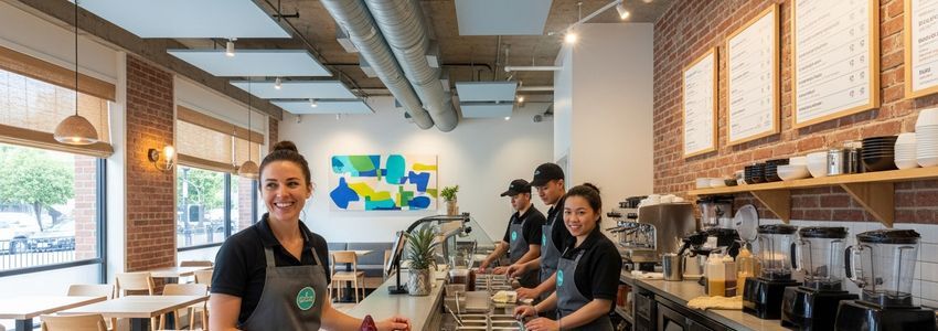 Sweetberry Bowls franchise interior with staff serving acai bowls