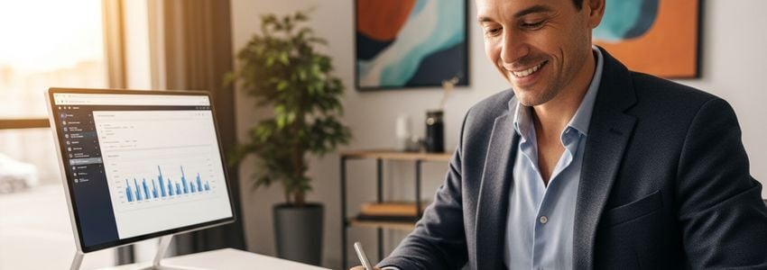 Franchise owner reviewing SweetFrog franchise loan documents at a modern office desk