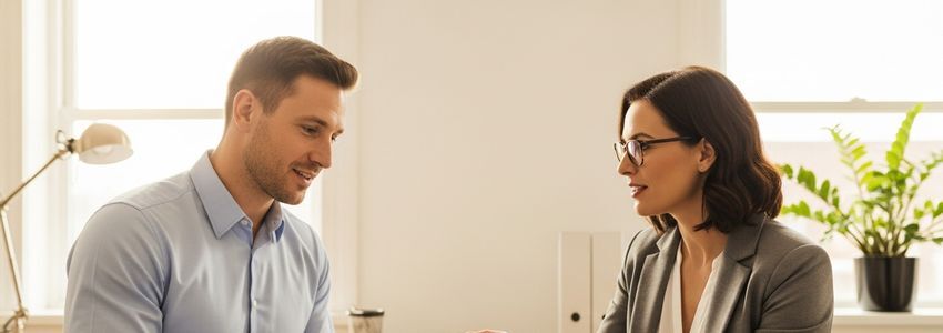 Business professionals reviewing credit facility documents in a modern office setting