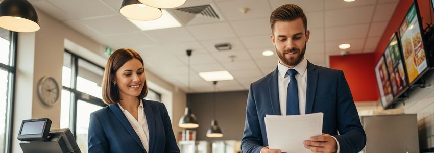 Fast food franchise business owner reviewing loan documents at a quick-service restaurant counter