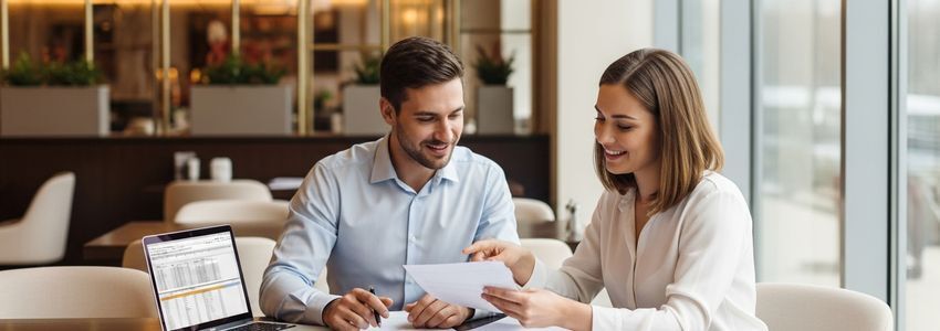 Franchise owner and business advisor reviewing taco franchise loan documents at a restaurant table