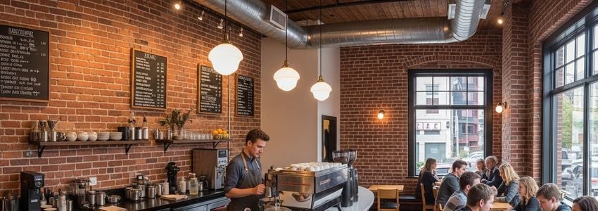 Professional café interior in Tacoma Washington showing barista serving customers at an espresso bar