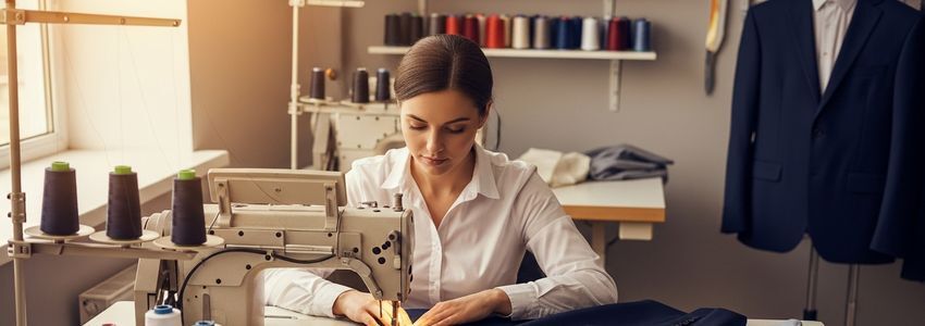 Professional seamstress working at industrial sewing machine in a tailoring shop