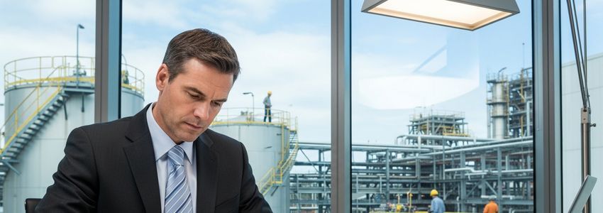 Tank lining business owner reviewing financing options at office desk with industrial facility in background
