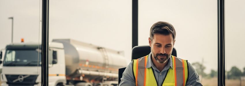 Business owner in safety vest reviewing tanker truck financing documents at desk with tanker truck visible through window
