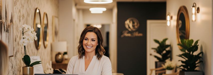 Tanning salon business owner reviewing financing options at salon reception desk