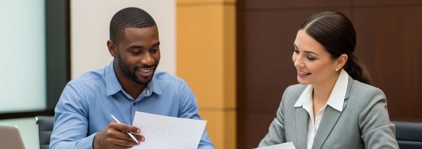 Hotel franchise owner and financial advisor reviewing Tapestry Collection franchise loan documents