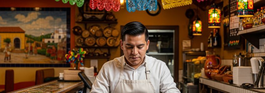 Taqueria owner reviewing business financing documents in their Mexican restaurant