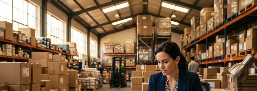 Small business owner reviewing import shipping documents and customs paperwork in a warehouse office