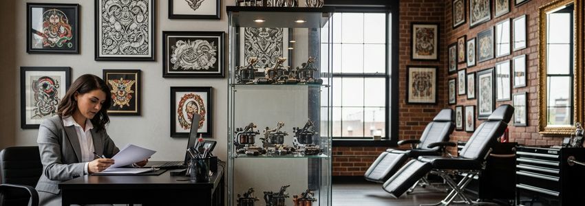 Tattoo studio owner reviewing equipment financing options at their professional workstation