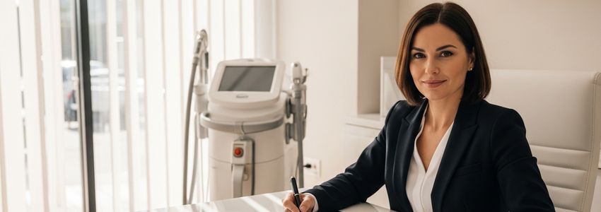 aesthetics business owner reviewing tattoo removal business loan financing documents at modern desk with laser equipment visible