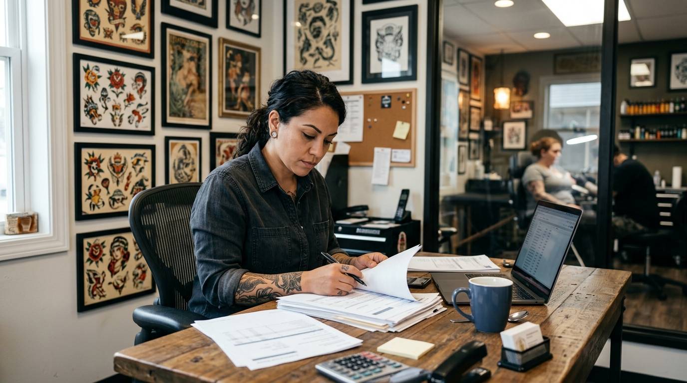 Tattoo shop owner reviewing business loan documents at a desk in a professional tattoo studio