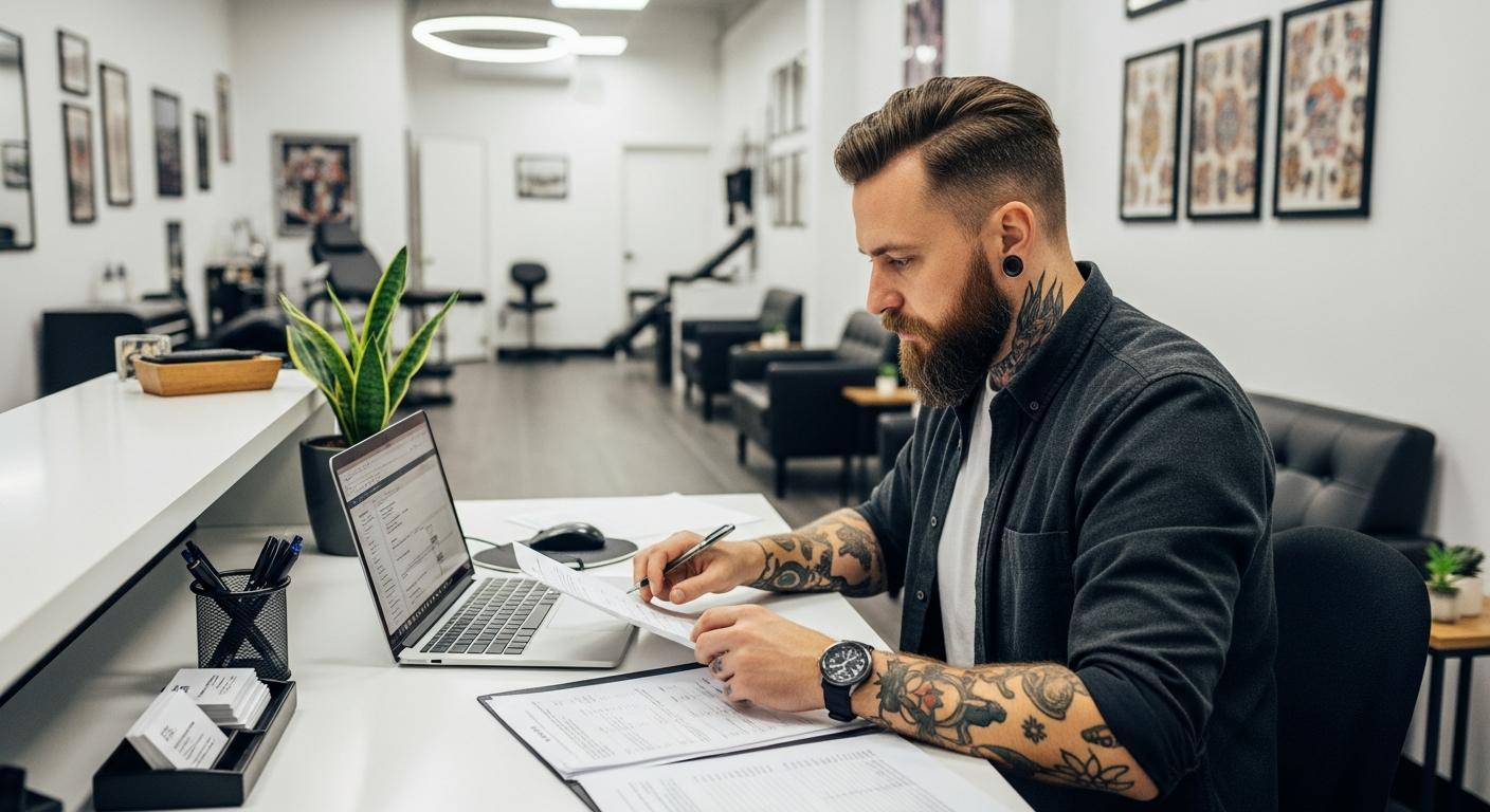 Tattoo shop owner reviewing financing options