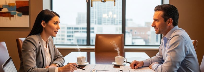 Business owner reviewing tax preparation business loan options with financial advisor