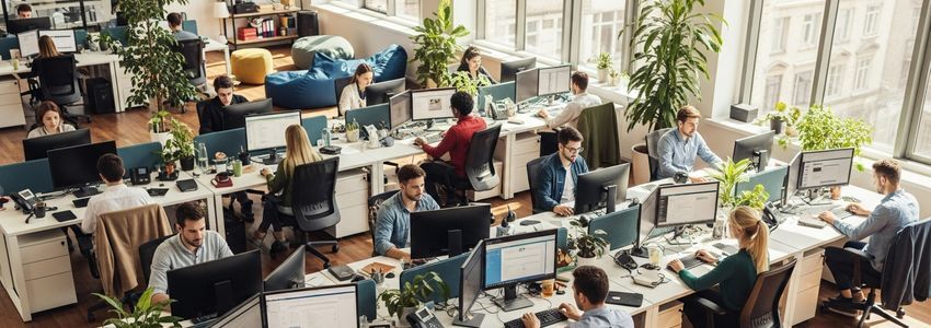 Technology company professionals working at computers in a modern office environment
