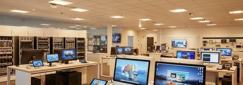 Technology equipment displayed in a modern business office environment
