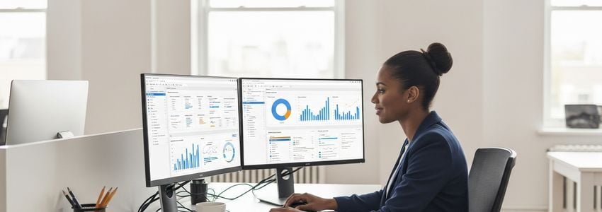 Business professional analyzing technology investment dashboards on dual monitors in a modern office