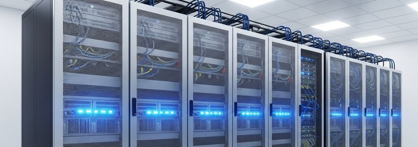 Enterprise server racks in a technology hardware data center commercial IT infrastructure